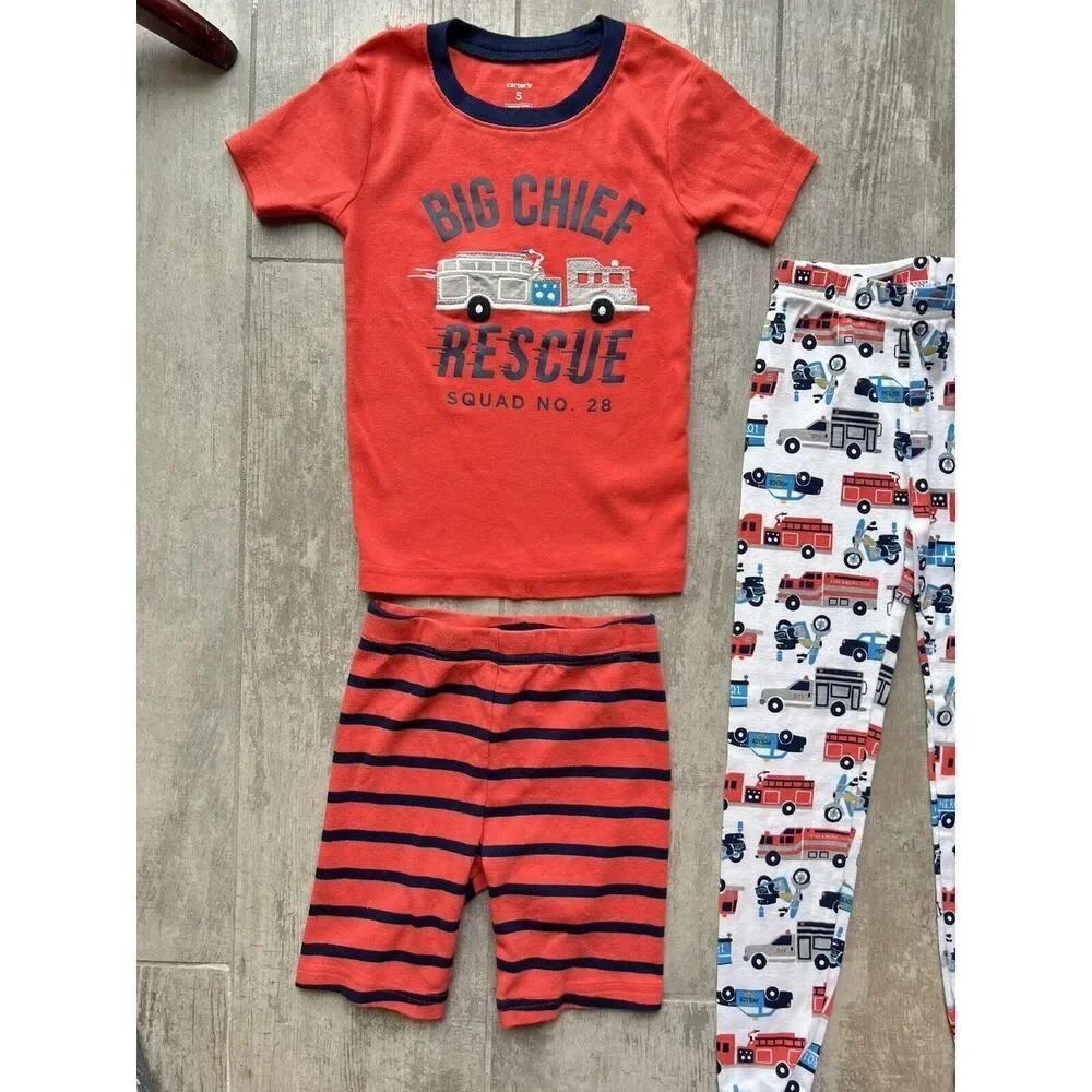 Fire Truck Chief Rescue Squad Police 3 Piece Pajama Set Pjs Toddler Boys 5 Sleep